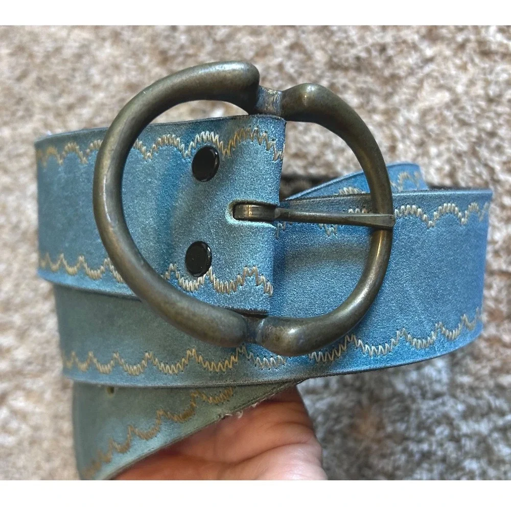 Boho Western Cowgirl Blue Sueded Polymer Western Stitch Belt Brass Buckle SZ 36
